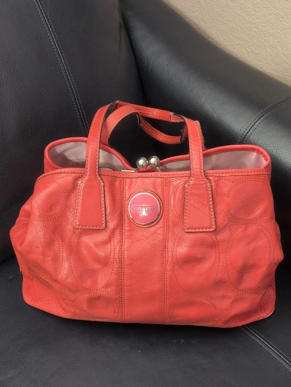 Coach Coral Leather Satchel with Signature Stitching